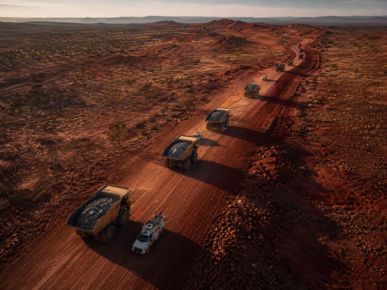 Aerial view of an open-cut mine site at sunset